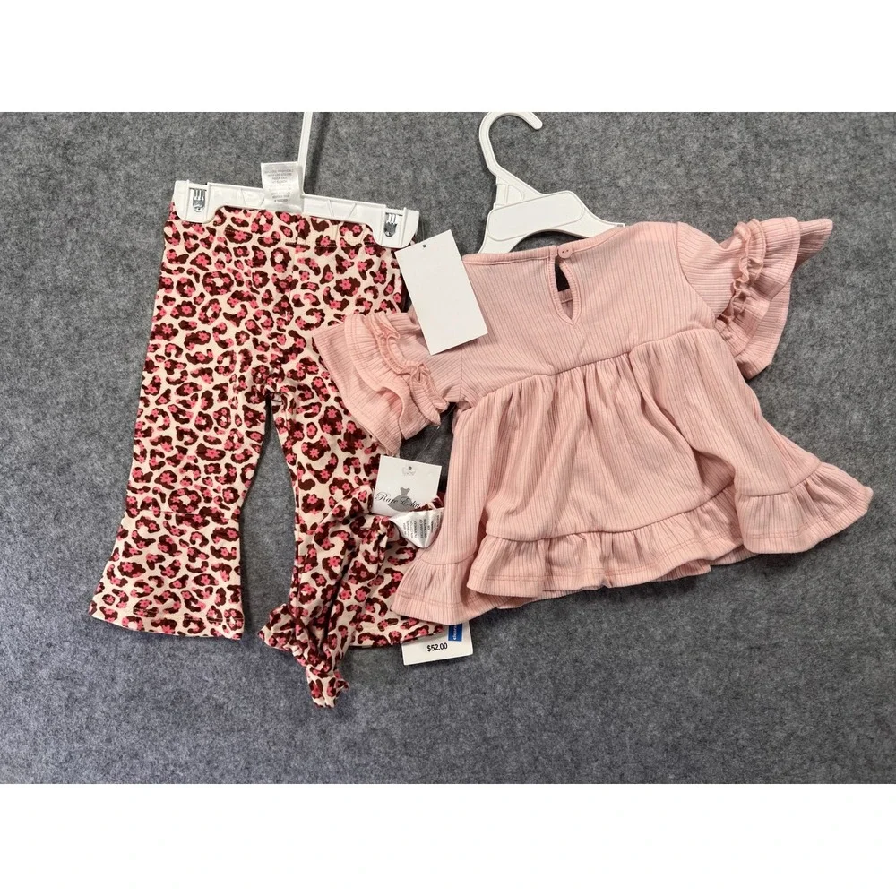 Rare Editions Ribbed‎ Peplum Top and Leopard Flare Pants Set 6-9M Pink Ruffle